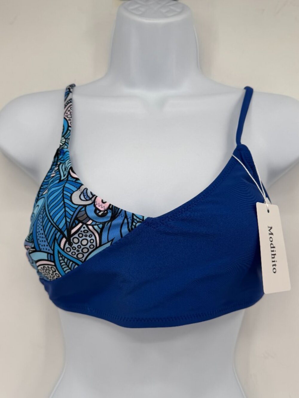 Modihito Women's Asymmetrical Bikini Top Blue Colorblock Padded Swim Top Size S